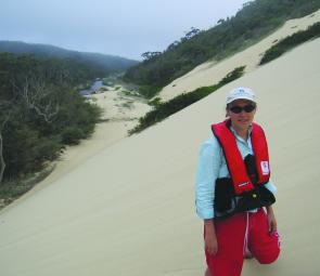 Deb stands on a sand dune, from which the deeper water in the upper reaches of the Thurra River can be seen. They looked very fishy from afar…if only we could reach them!
